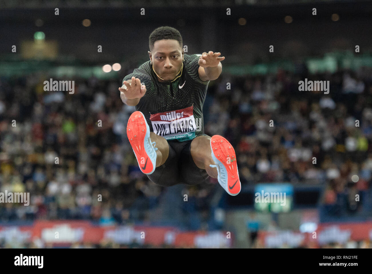 Will Williams of USA in Men's Long Jump Final during Muller Indoor Grand Prix Birmingham 2019 at Arena Birmingham on Saturday, 16 February 2019. BIRMINGHAM ENGLAND.  (Editorial use only, license required for commercial use. No use in betting, games or a single club/league/player publications.) Credit: Taka G Wu Stock Photo