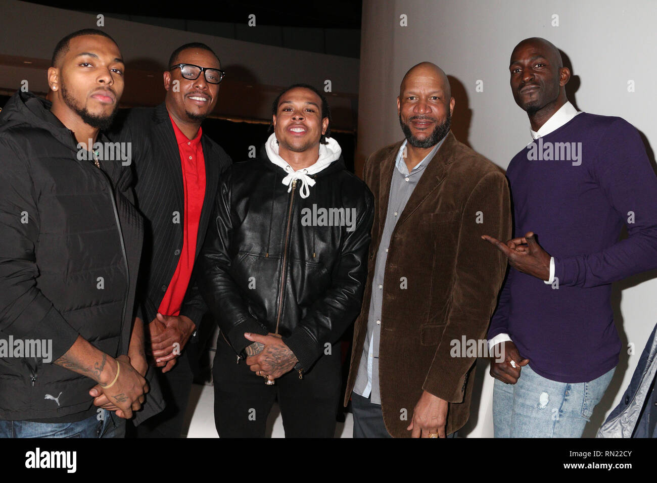 Charlotte, NC, USA. 15th Feb, 2019. Mikal Bridges, Paul Pierce, Shannon Brown, Derek Harper and Kevin Garnett at the Kenny 'The Jet' Smith 2019 NBA All-Star Bash at the NASCAR Hall Of Fame in Charlotte, North Carolina on February 15, 2019. Credit: Walik Goshorn/Media Punch/Alamy Live News Stock Photo