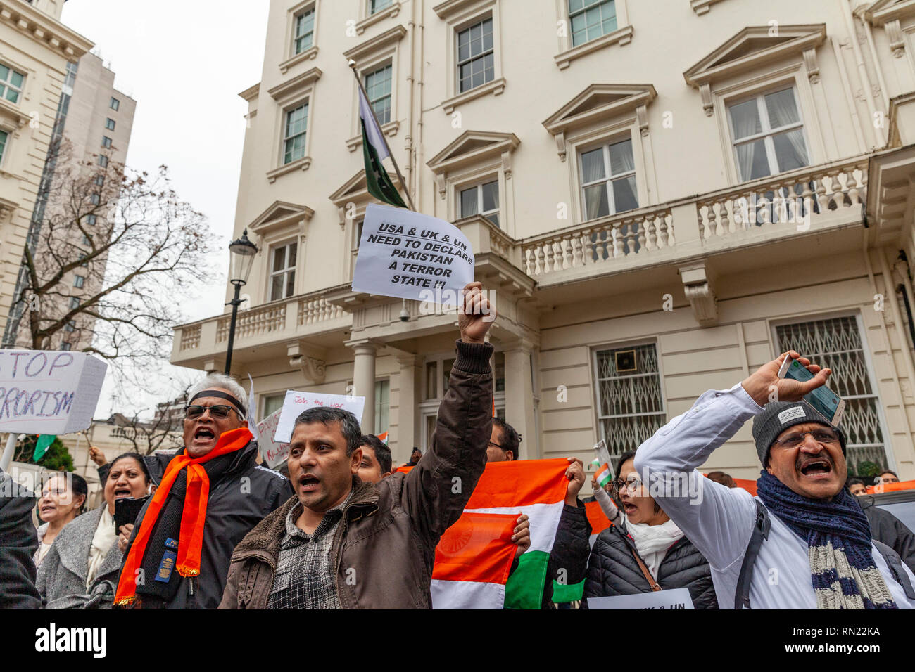 London, UK, 16 February, 2019. British indians protesting in London against Pakistan’s terrorist activities after an attack on Indian CRPF soldiers when their convoy was travelling in a bus in Pulwama region, Jammu & Kashmir, India. The terrorist attack was carried out by/as claimed by Jaish-e-Mohammad who is hiding in Pakistan. Harishkumar Shah/Alamy Live news Stock Photo