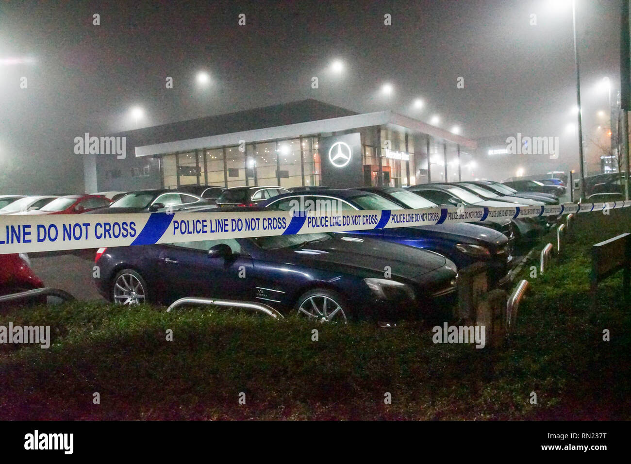 Kent, UK. 16th Feb 2019. Police were tonight investigating following a reported a stabbing in Tonbridge at the Mercedes Benz dealer in the town, Forensic teams were seen to be collecting evidence until late in the evening. Credit: Duncan Penfold/Alamy Live News Stock Photo