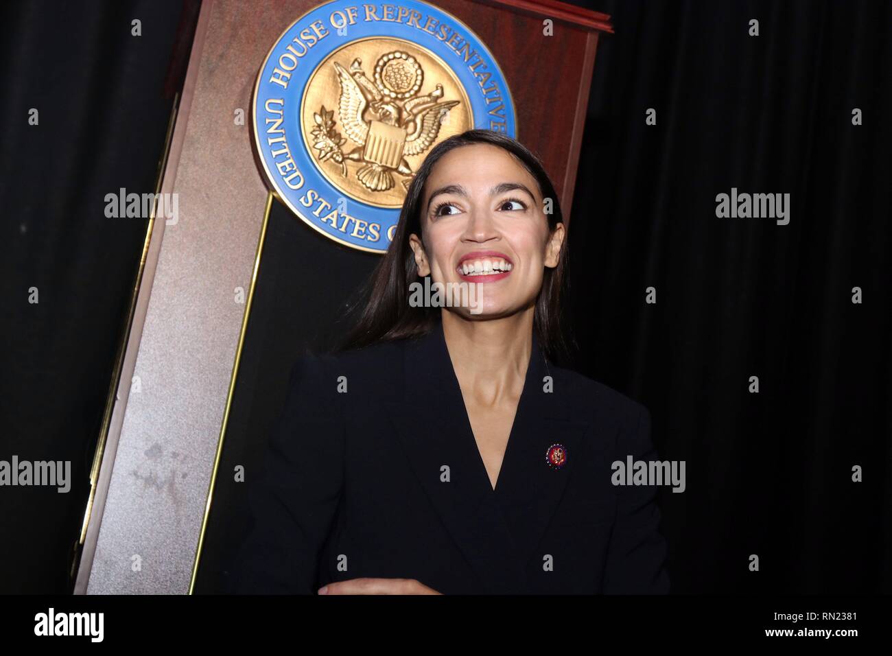 New York City, New York, USA. 16th Feb, 2019. Freshman U.S. Congresswoman Alexandria Ocasio-Cortez (D-NY) has delivered her inaugural address in her Bronx home district on 15 February 2019. The address was delayed because of the recent partial government shutdown. The ceremony featured a ceremonial swearing-in, an address to her constituents and featured speeches by local political leaders and massive display of support from her supporters. Credit: G. Ronald Lopez/ZUMA Wire/Alamy Live News Stock Photo