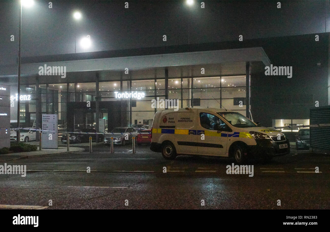 Kent, UK. 16th Feb 2019. Police were tonight investigating following a reported a stabbing in Tonbridge at the Mercedes Benz dealer in the town, Forensic teams were seen to be collecting evidence until late in the evening. Credit: Duncan Penfold/Alamy Live News Stock Photo