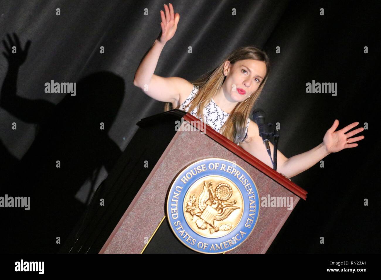 New York City, New York, USA. 16th Feb, 2019. Freshman U.S. Congresswoman Alexandria Ocasio-Cortez (D-NY) has delivered her inaugural address in her Bronx home district on 15 February 2019. The address was delayed because of the recent partial government shutdown. The ceremony featured a ceremonial swearing-in, an address to her constituents and featured speeches by local political leaders and massive display of support from her supporters. Pictured is freshman New York State Senator Alessandra Biaggi Credit: G. Ronald Lopez/ZUMA Wire/Alamy Live News Stock Photo