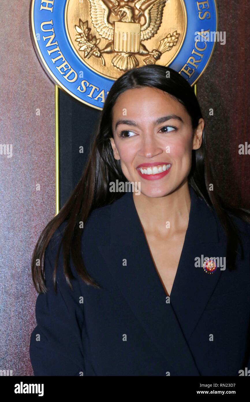 New York City, New York, USA. 16th Feb, 2019. Freshman U.S. Congresswoman Alexandria Ocasio-Cortez (D-NY) has delivered her inaugural address in her Bronx home district on 15 February 2019. The address was delayed because of the recent partial government shutdown. The ceremony featured a ceremonial swearing-in, an address to her constituents and featured speeches by local political leaders and massive display of support from her supporters. Credit: G. Ronald Lopez/ZUMA Wire/Alamy Live News Stock Photo