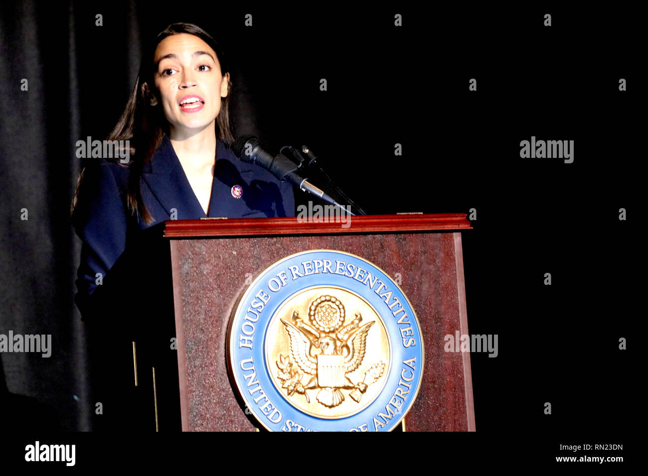 New York, NY, USA.  16th Feb, 2019. Freshman U.S. Congresswoman Alexandria Ocasio-Cortez (D-NY) has delivered her inaugural address in her Bronx home district on 15 February 2019. The address was delayed because of the recent partial government shutdown. The ceremony featured a ceremonial swearing-in, an address to her constituents and featured speeches by local political leaders and massive display of support from her supporters. © 2019 G. Ronald Lopez/DigiPixsAgain.us/Alamy Live News Stock Photo