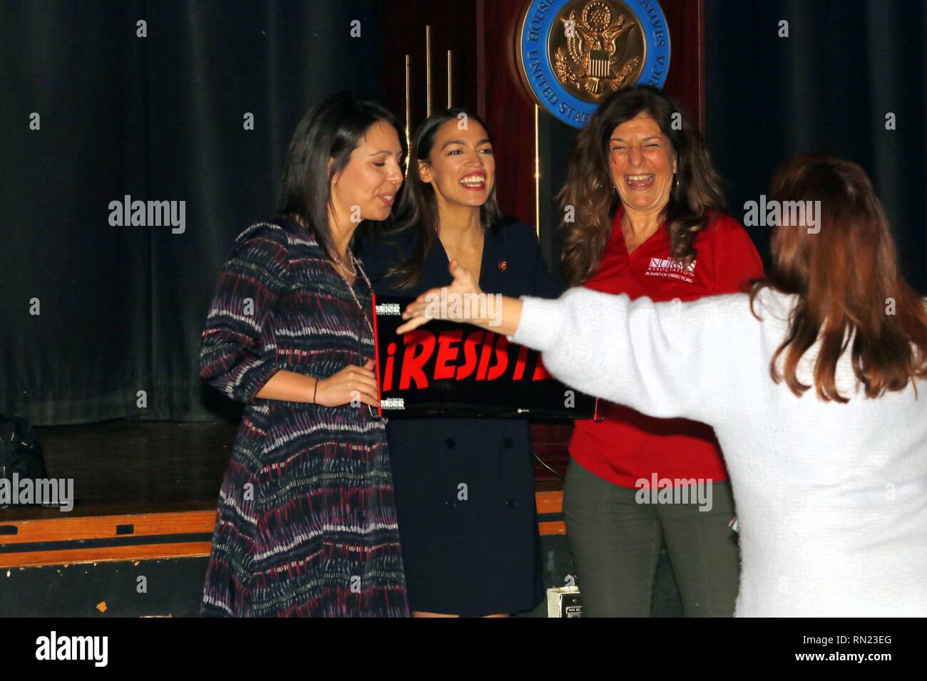 New York, NY, USA.  16th Feb, 2019. Freshman U.S. Congresswoman Alexandria Ocasio-Cortez (D-NY) has delivered her inaugural address in her Bronx home district on 15 February 2019. The address was delayed because of the recent partial government shutdown. The ceremony featured a ceremonial swearing-in, an address to her constituents and featured speeches by local political leaders and massive display of support from her supporters. © 2019 G. Ronald Lopez/DigiPixsAgain.us/Alamy Live News Stock Photo