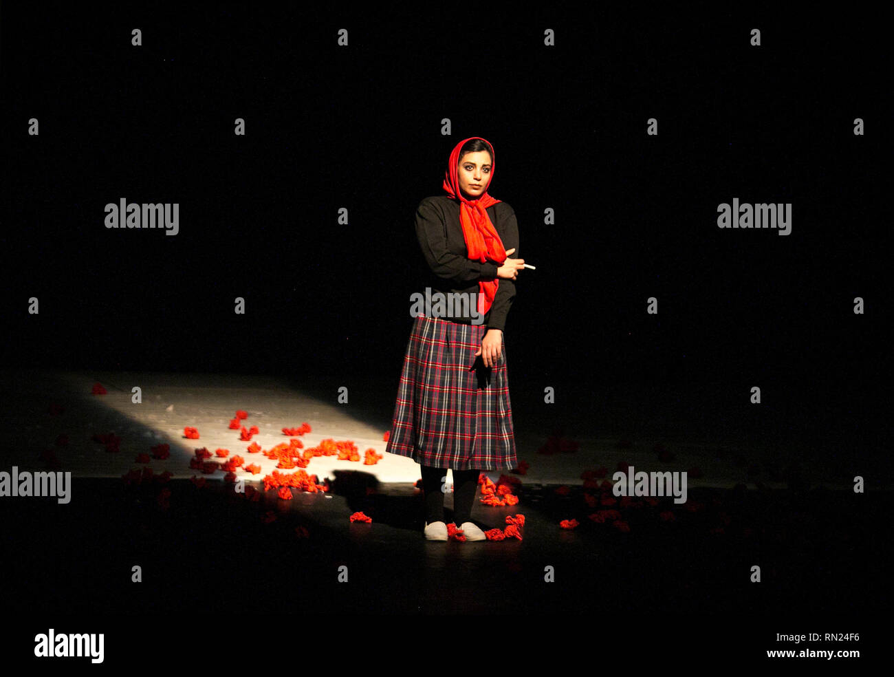 Tehran, Iran. 16th Feb, 2019. An Iranian actress performs during the 37th Fadjr International Theater Festival in Tehran, capital of Iran, Feb. 16, 2019. Credit: Ahmad Halabisaz/Xinhua/Alamy Live News Stock Photo