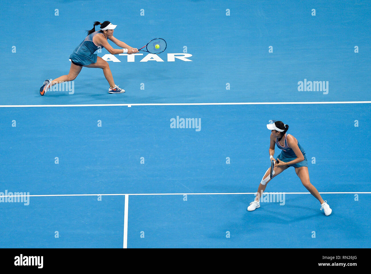 Doha, Qatar. 16th Feb, 2019. Latisha Chan (L) and Hao-Ching Chan of Chinese Taipei compete during the doubles final against Demi Schuurs of the Nederlands and Anna-Lena Groenefeld of Germany at the 2019 WTA Qatar Open in Doha, Qatar, Feb. 16, 2019. Credit: Nikku/Xinhua/Alamy Live News Stock Photo