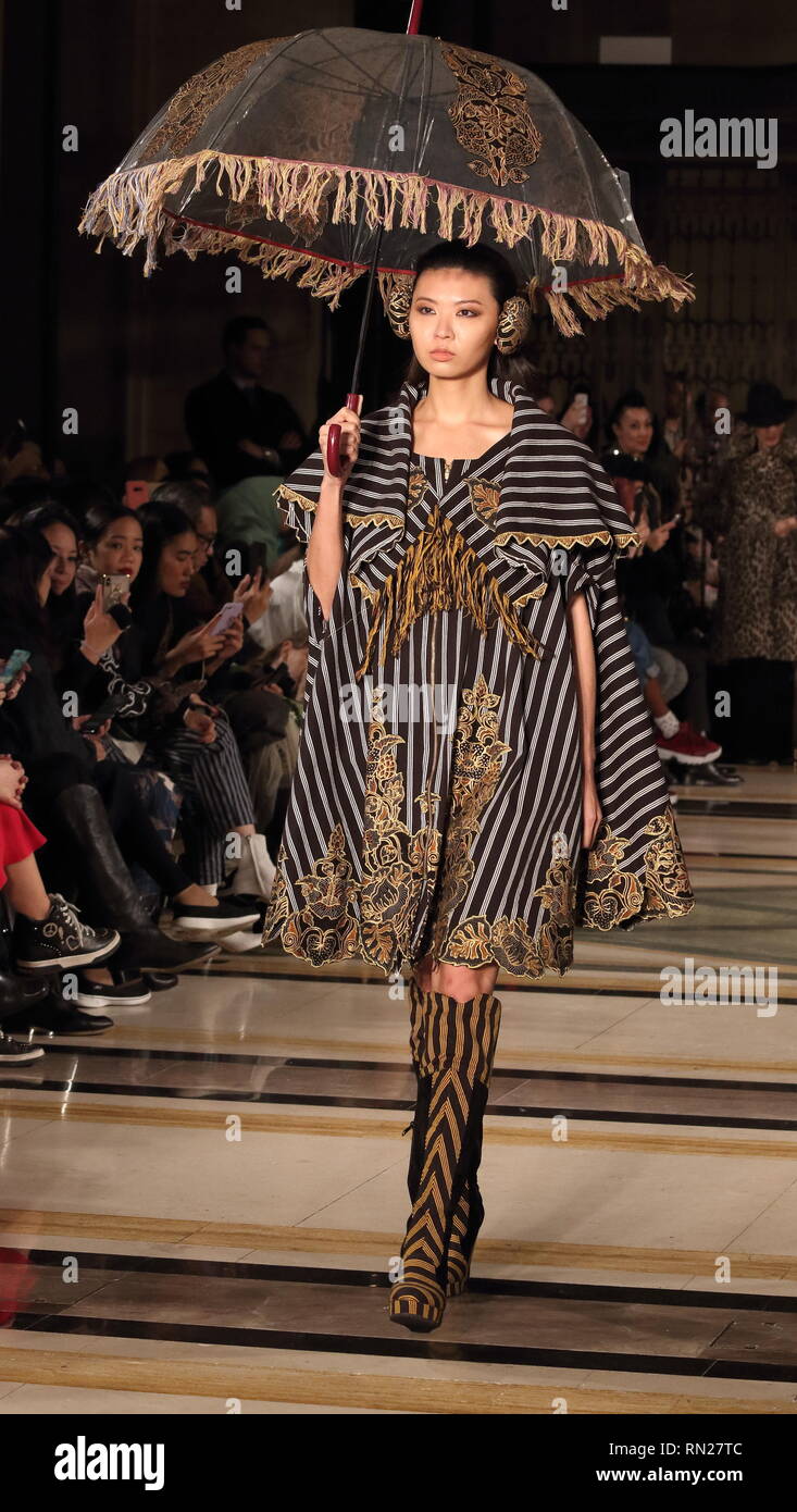 London, UK. 16th Feb 2019. female model on the at the 'Indonesia Fashion Council' Catwalk Show Autumn Winter 2019. Leading Indonesian fashion and textile designers showcase latest collections at London