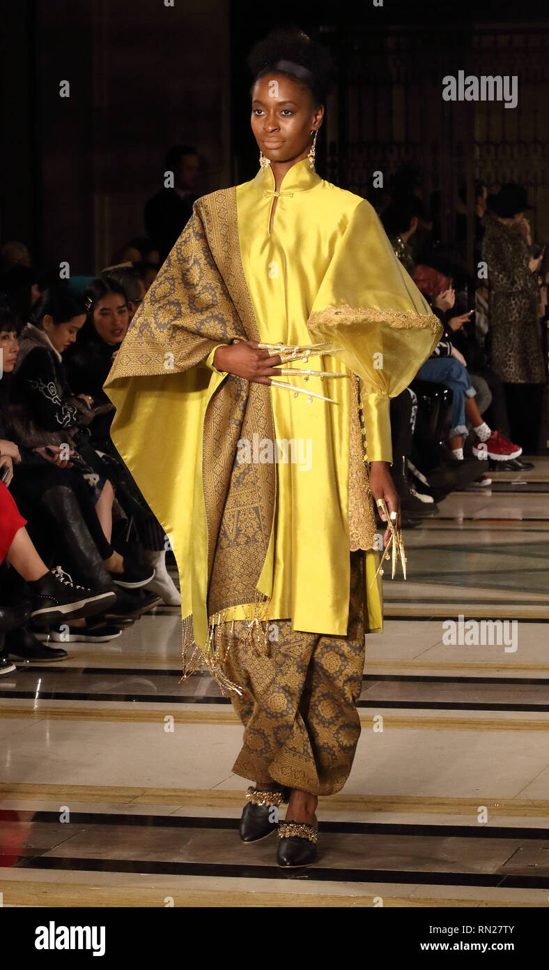 London, UK. 16th Feb 2019. female model on the at the 'Indonesia Fashion Council' Catwalk Show Autumn Winter 2019. Leading Indonesian fashion and textile designers showcase latest collections at London