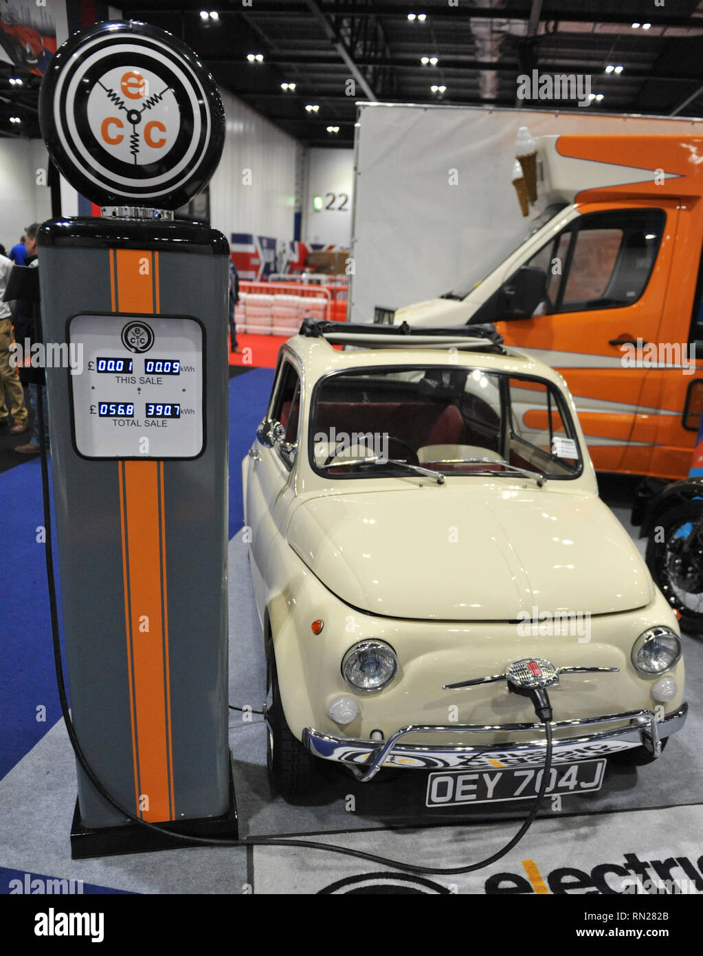 London, UK. 16th Feb 2019. A 1970 Fiat 500L, converted to run on electrical power, on display at the London Classic Car Show which is taking place at ExCel London, United Kingdom.   Credit: Michael Preston/Alamy Live News Stock Photo