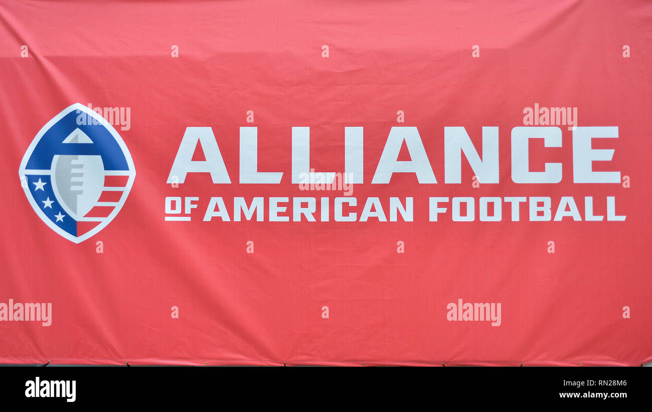 Memphis, TN, USA. 16th Feb, 2019. The Alliance of American Football banner displayed during the AAF football game between the Arizona Hotshots and the Memphis Express at Liberty Bowl Stadium in Memphis, TN. Kevin Langley/Sports South Media/CSM/Alamy Live News Stock Photo