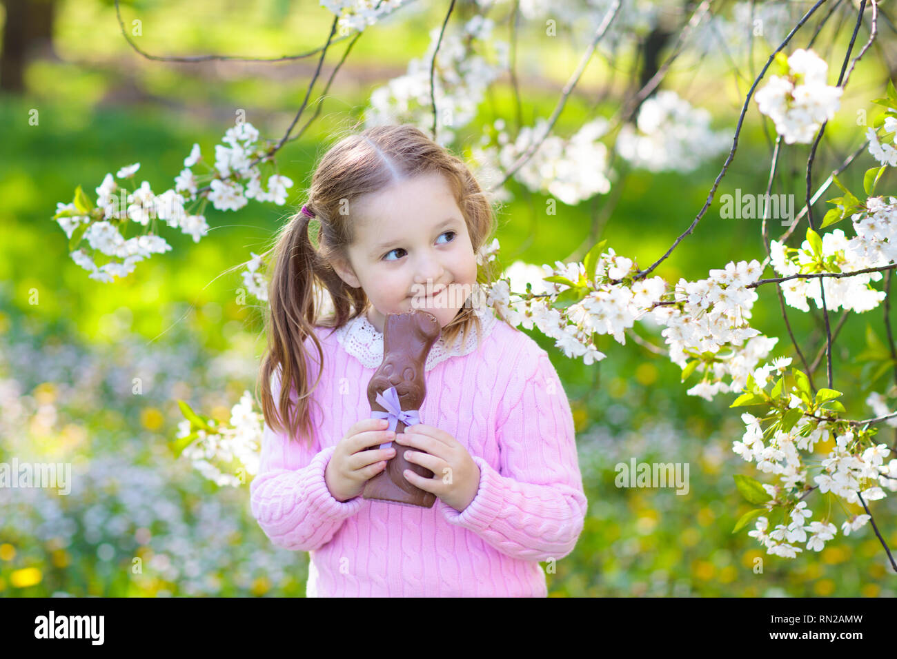Kids with bunny ears on Easter egg hunt in blooming cherry blossom garden. Little girl eating chocolate rabbit. Spring flowers and eggs basket in frui Stock Photo