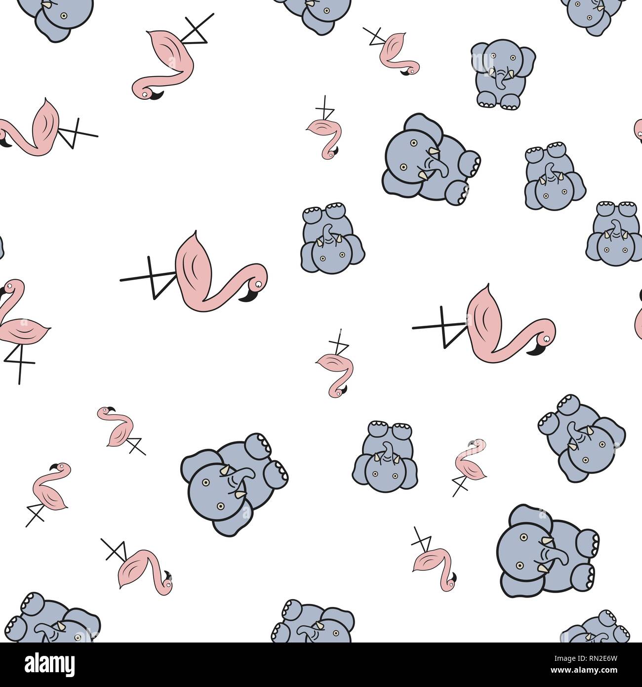 Seamless pattern from flamingos and elephants in in cartoon style. On ...