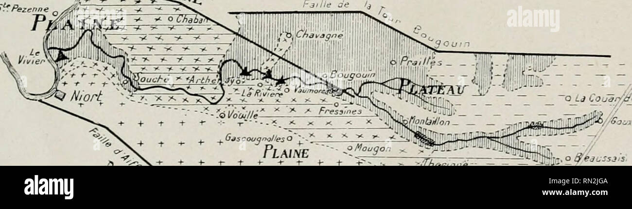 . Annales de la science agronomique franaise et trangre. Agriculture; Art -- France; Agriculture experiment stations -- France. 6chista (Gâtine) Plateaux ^-w.  ^0-*^ / ^/,e^ i^/c. tertiaires Plaine Y U&quot; fompain '—if q. ^ ( fcrrr 3 cAàfBtônirz) ^, flattent  .—•&quot;* . /^'^ -3 . Torienay v Plaine d «(rf^» 1 ( Oblilhe )  ^y le Marais y p Niort — ^ /T ^^X . ^ pi . Fronlenay-F-F X'5, ^ 1 f  Cr/Jcj* i / Plateau  Mcllc ^-^^ Mauze ^X  '&quot;&quot;X  4r Échelle: Torèt  ?v. «3 B&quot;îoLUK - sur - Boutonne 0 Chizé V, Fig. 2. COMPARTIMENTS DE LA PLAINE DE MORT (P. L.) SUPERFICIES A.   Stock Photo