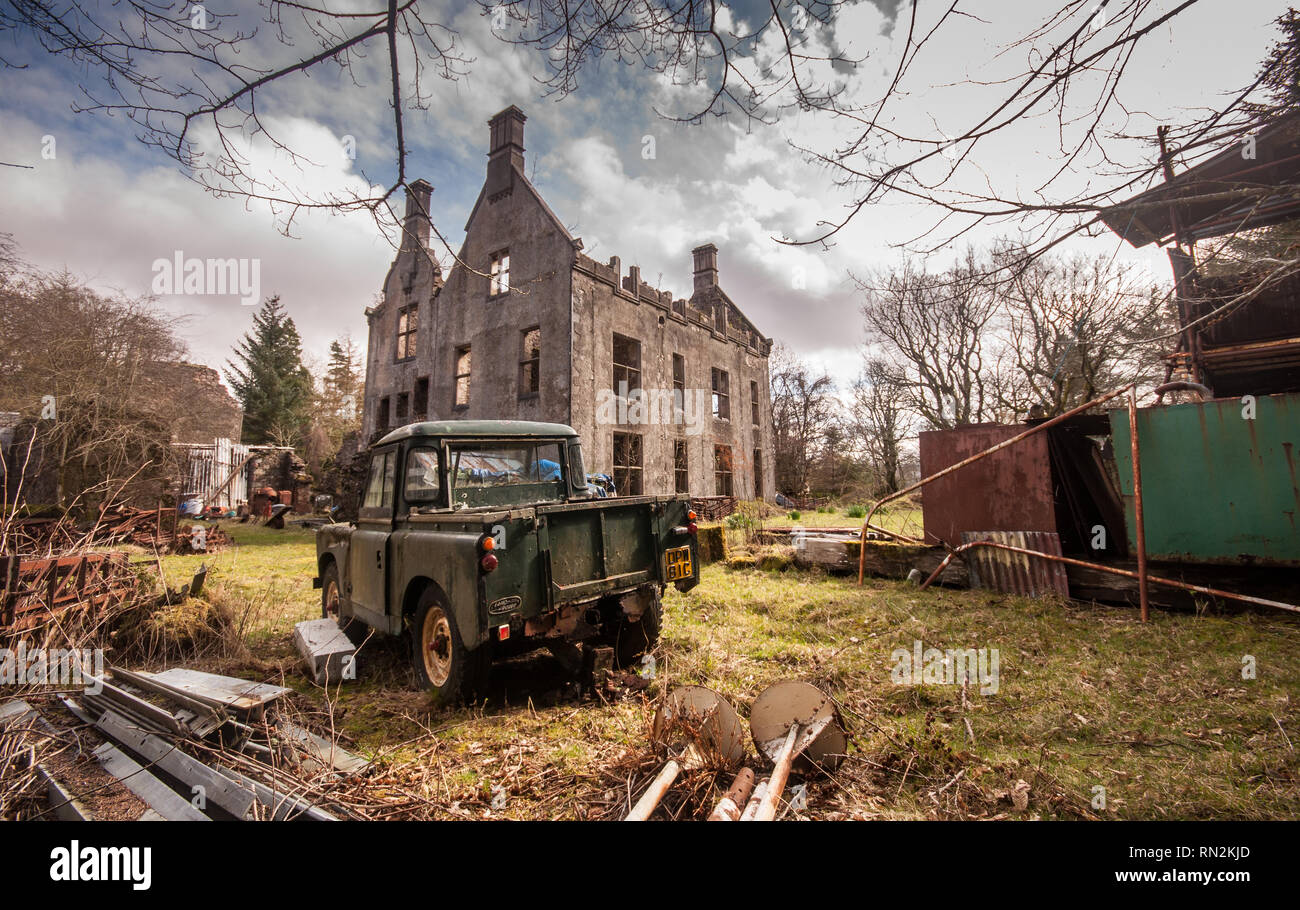 The derelict ruins of Courthill House near Lochcarron in the West Highlands of Scotland. Stock Photo