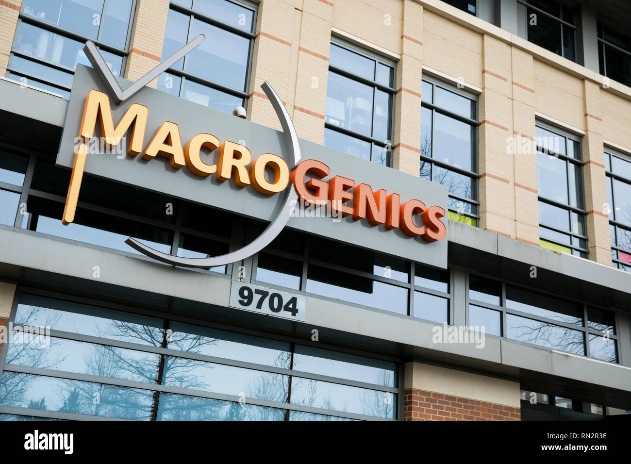 A logo sign outside of the headquarters of MacroGenics in Rockville