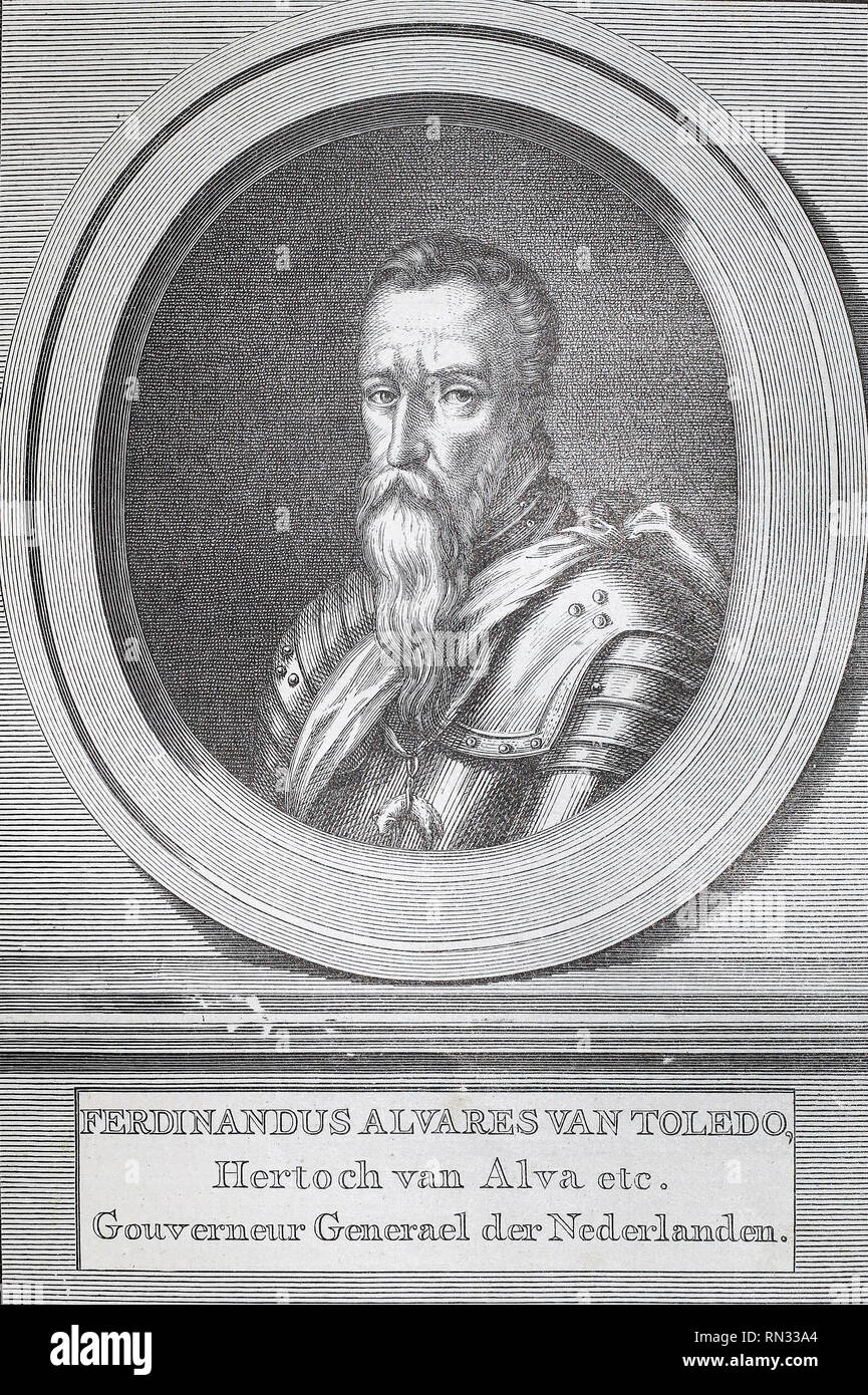 Portrait of Fernando Alvarez de Toledo, 3rd Duke of Alba. Medieval engraving. Stock Photo