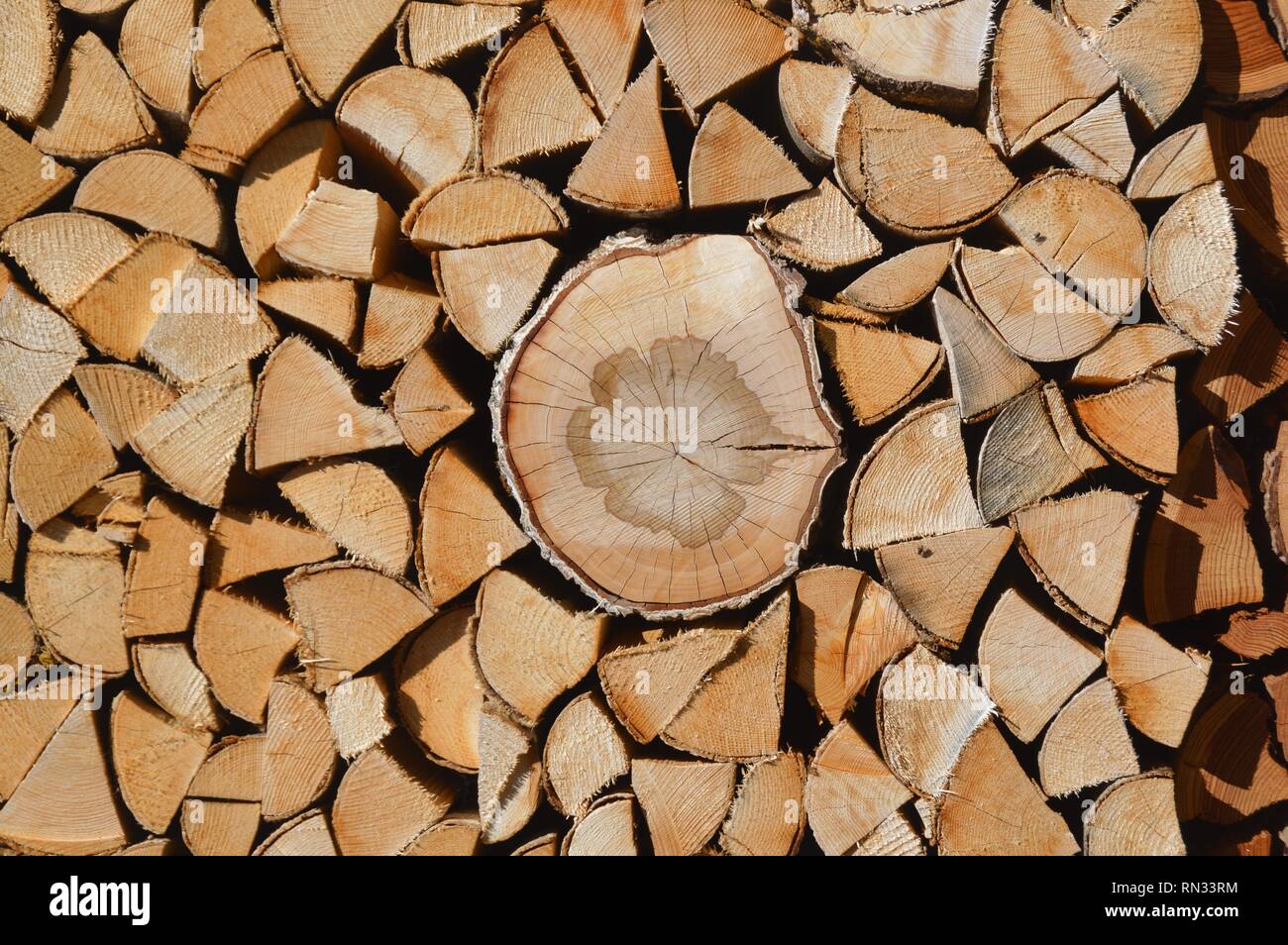beautifully stacked firewood stored to dry Stock Photo