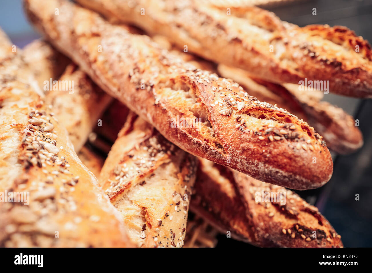 Fresh and crusty french baguette breads Stock Photo Alamy