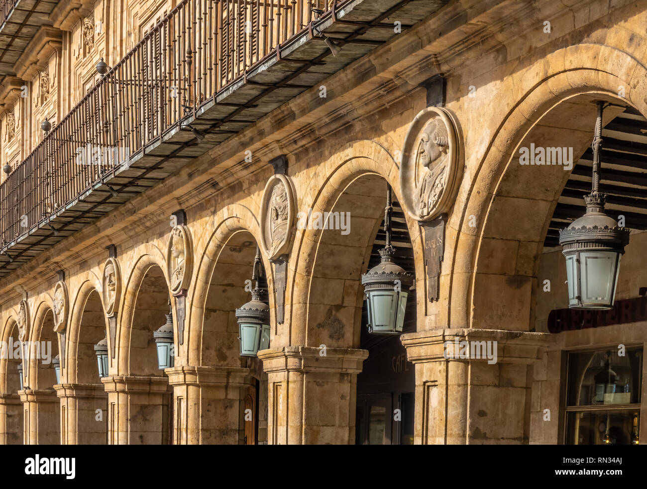 The Plaza Mayor, Salamanca, Castile-Leon, Spain. A public square. built in the traditional Spanish baroque style and a popular gathering area. One of Stock Photo
