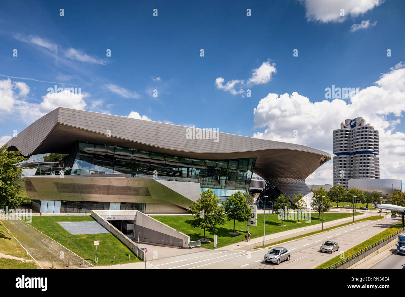 BMW Welt building & BMW headquarters, Munich. BMW Welt is a big showroom where cars of the BMW group (BMW, Mini and Rolls Royce) are on display. Stock Photo