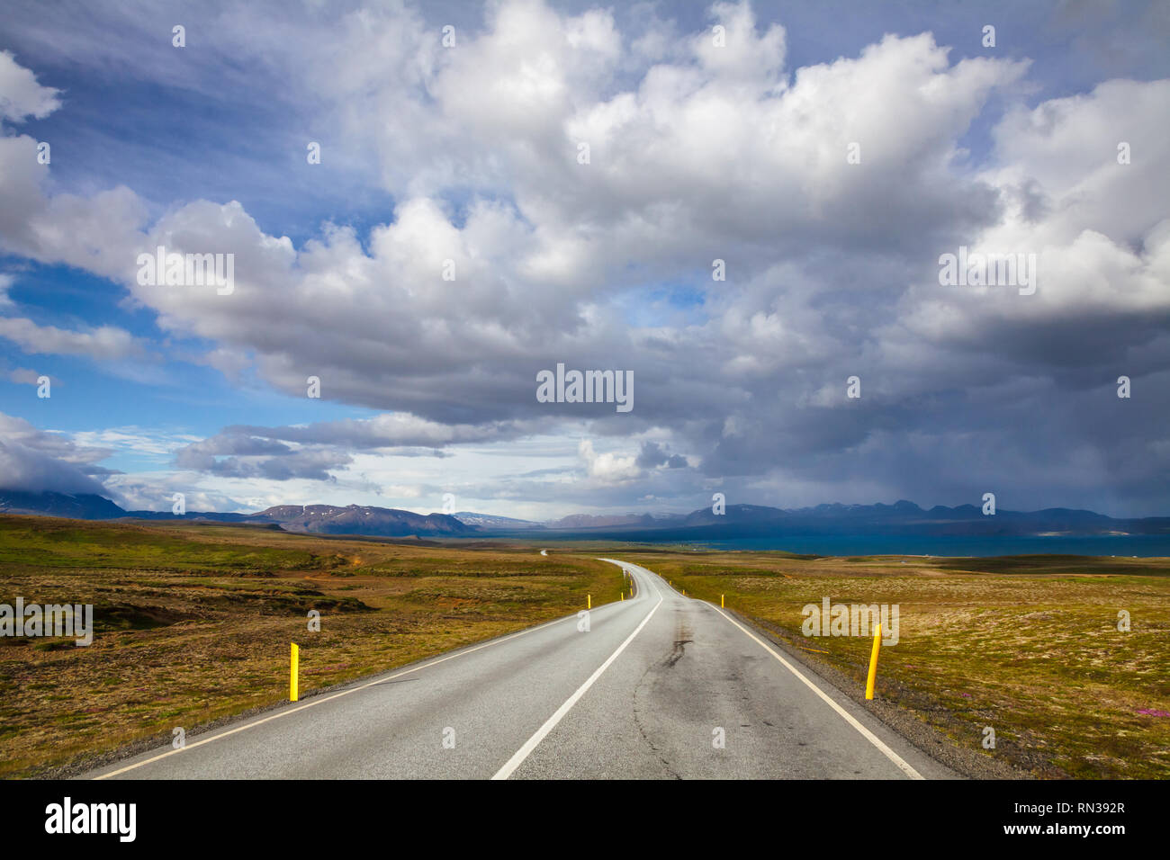 Thingvallavegur (Route 36) road through Thingvellir national park, a part of the Golden Circle Tourist Route in Southwestern Iceland, Scandinavia Stock Photo