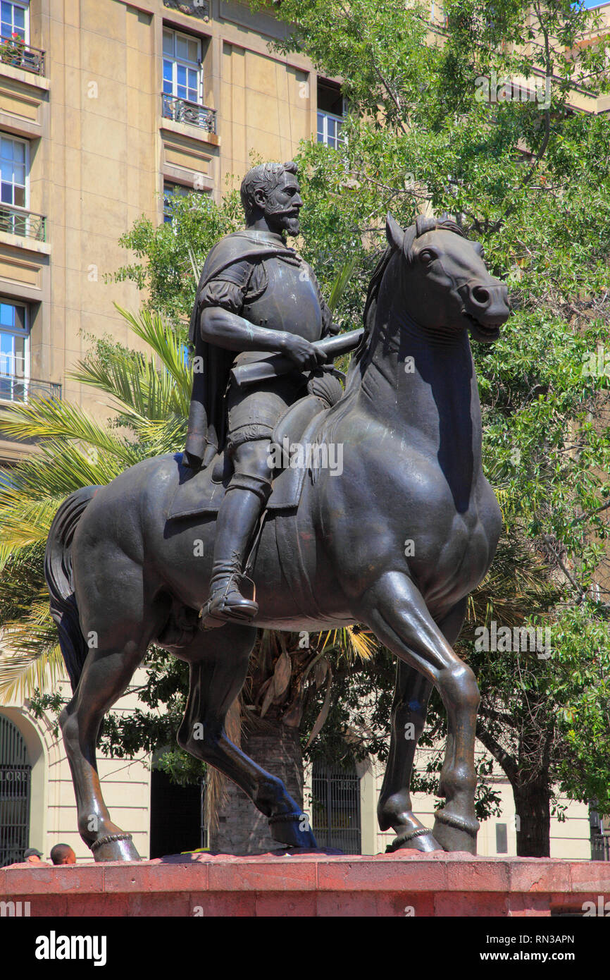 Chile, Santiago, Plaza de Armas, Pedro de Valdivia statue, Stock Photo