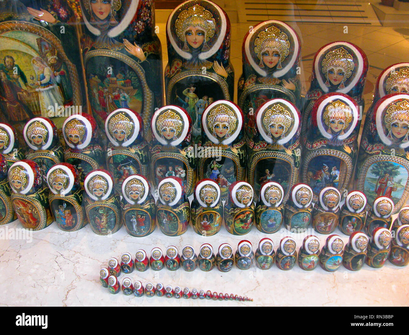Shop window featuring an amazing collection of russian dolls, Rue Bonaparte, Saint-Germain-des-Prés, Paris, France Stock Photo