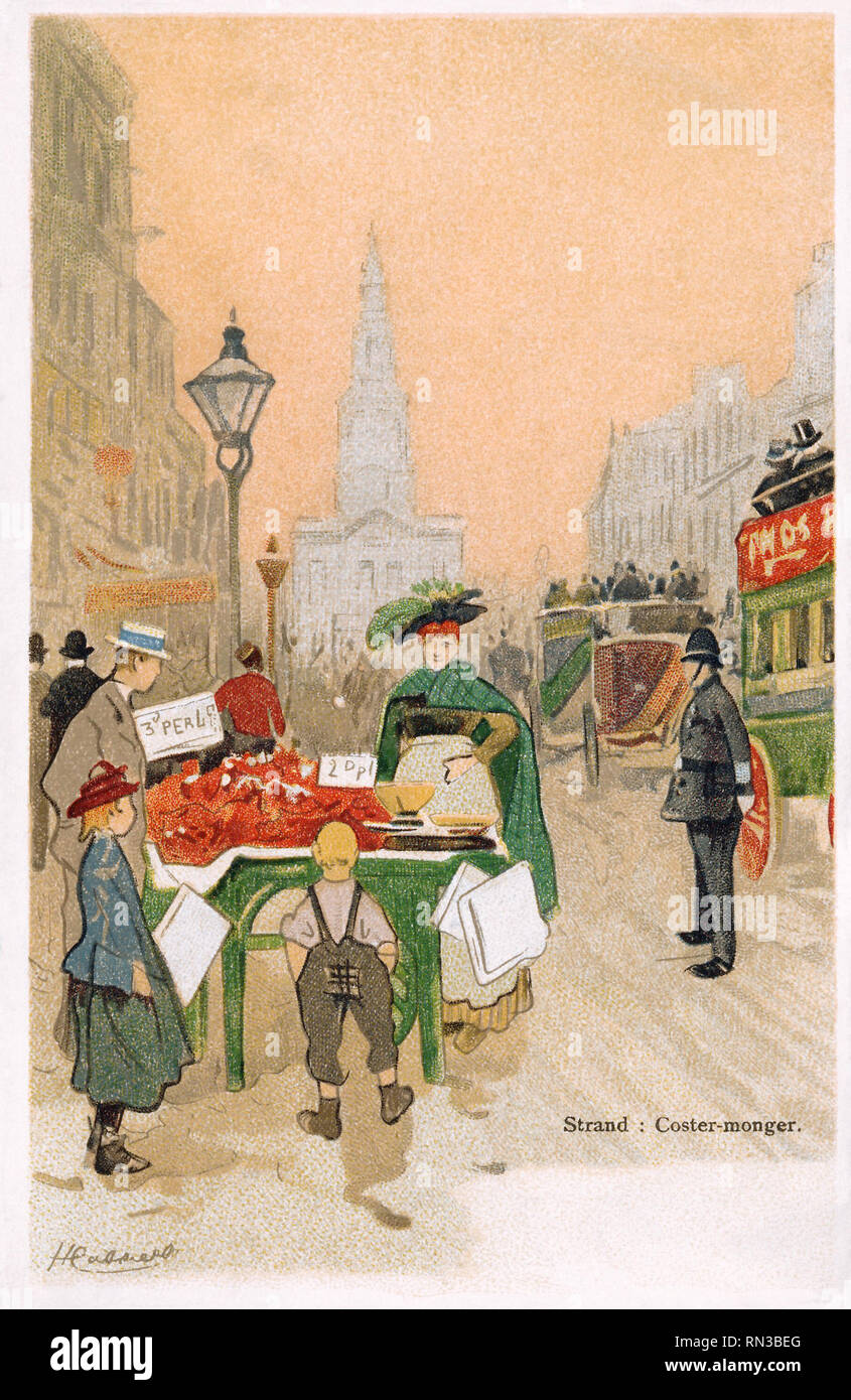 Postcard by Henri Cassiers of a costermonger in The Strand, London. Stock Photo