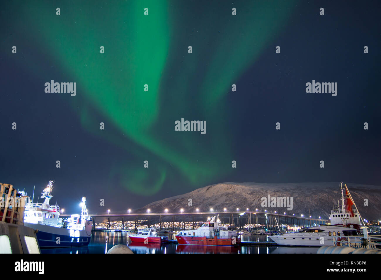 Aurora Borealis in Tromsø Harbour Stock Photo