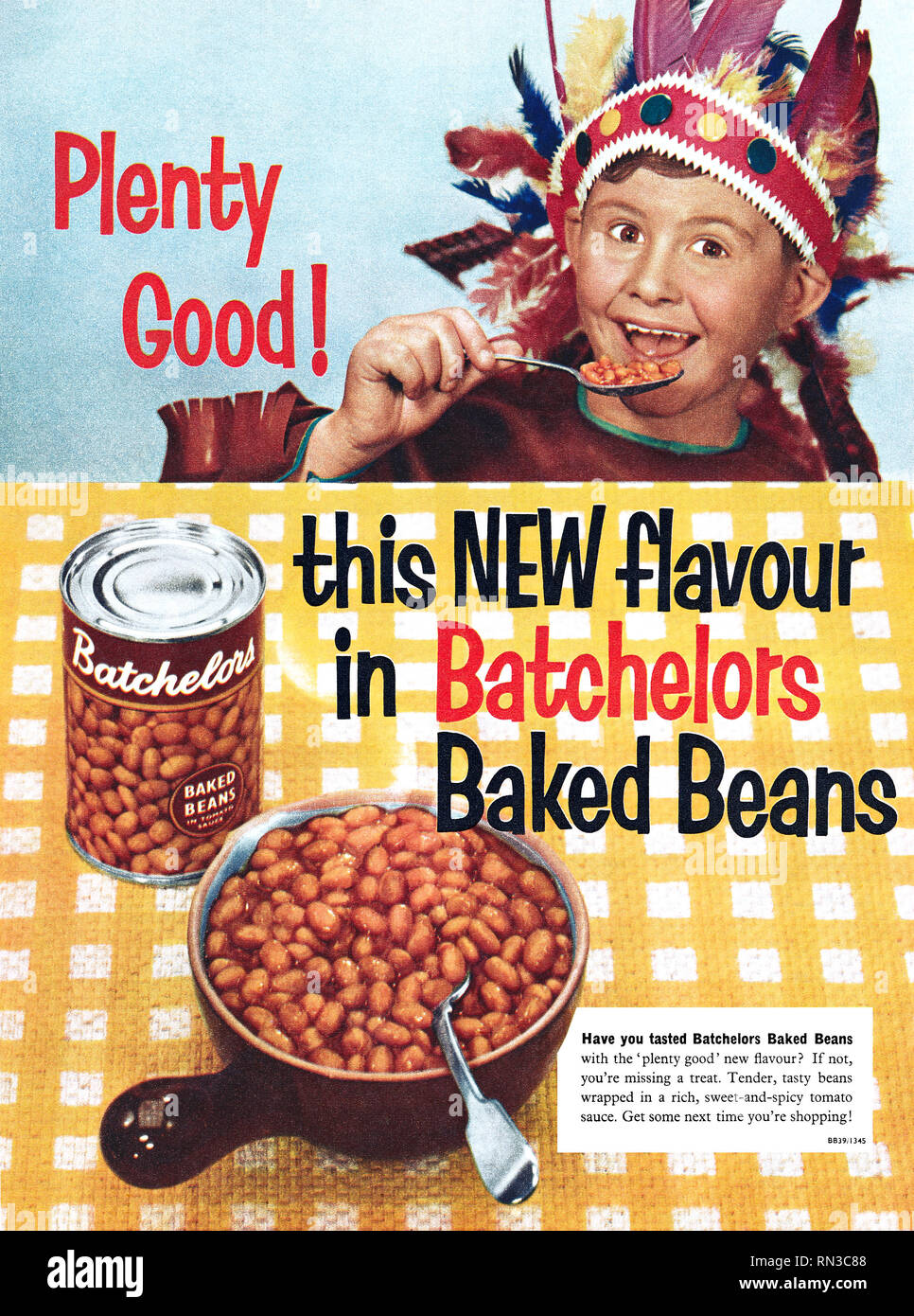1957 British advertisement for Batchelors baked beans. Stock Photo