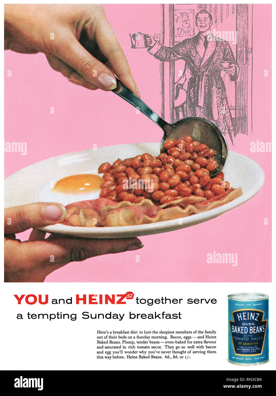 1957 British advertisement for Heinz Baked Beans. Stock Photo