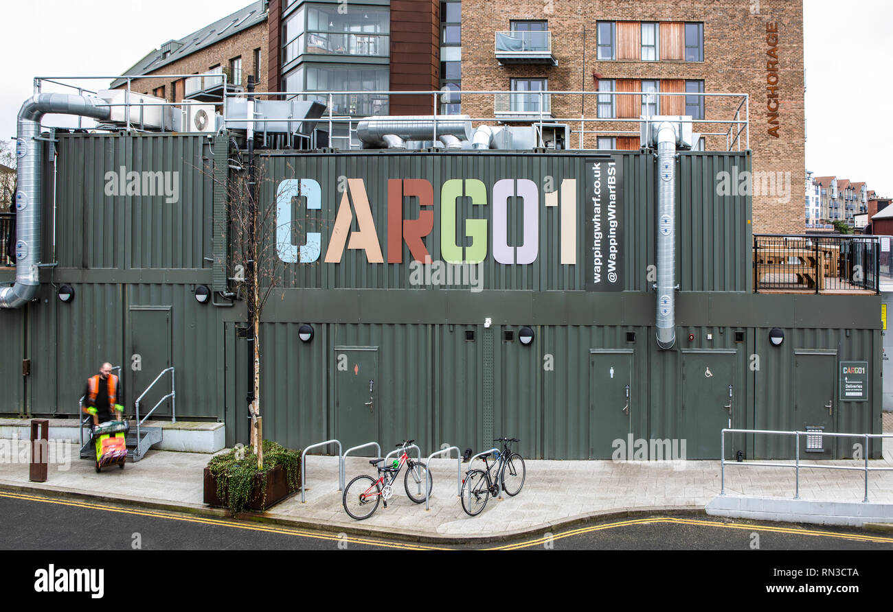 BRISTOL, UK FEBRUARY 16, 2019 CARGO 1 Container shops Wapping Wharf
