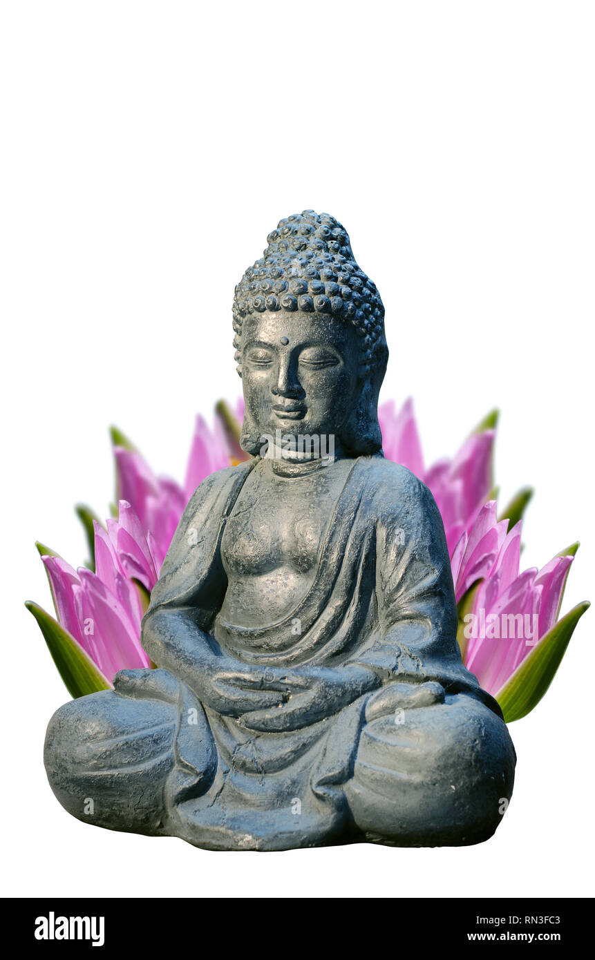 Buddha statue with lily flower behind it. Religious theme template with space for text. Stock Photo