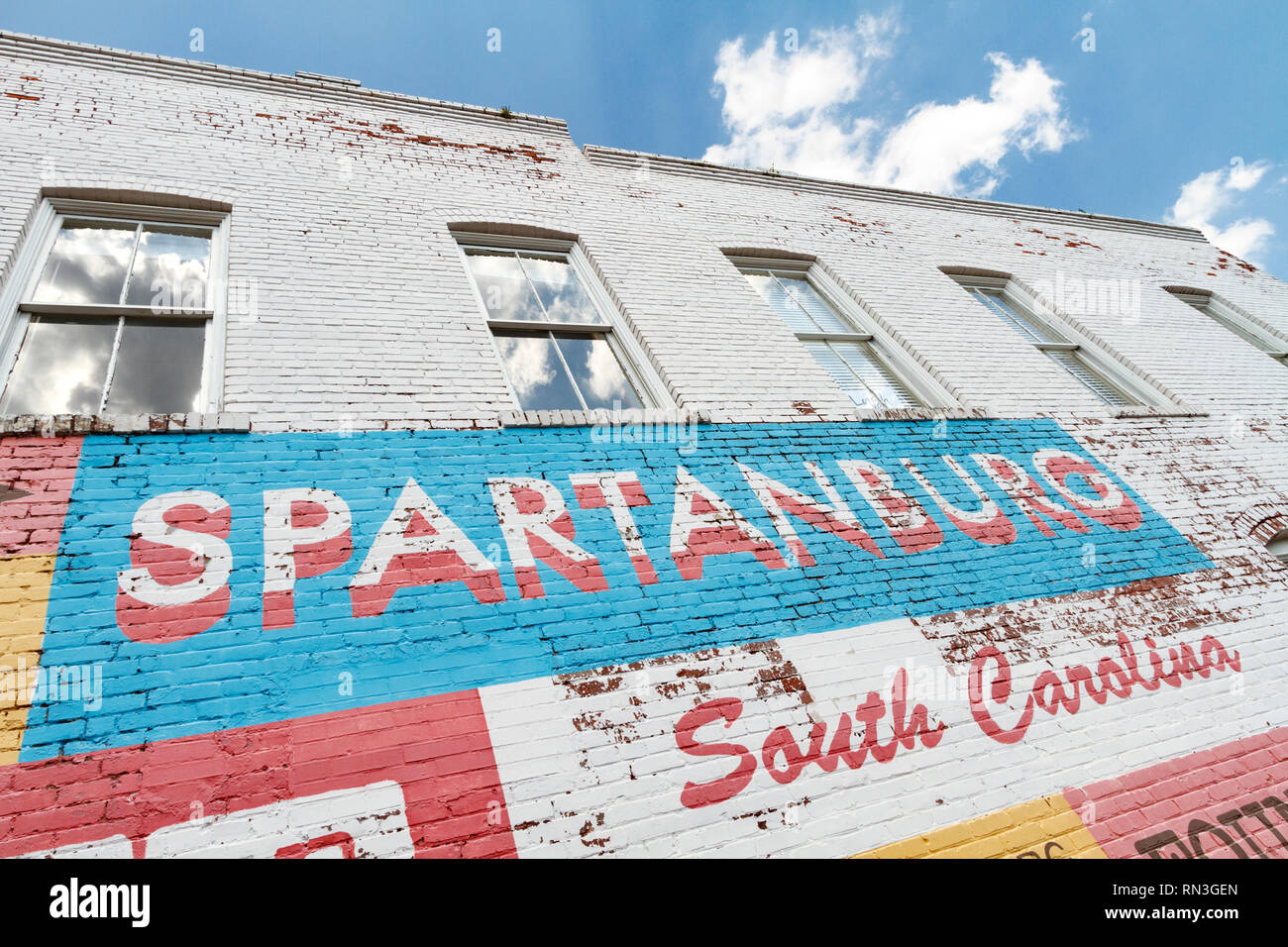 Close up detail of the words Spartanburg South Carolina on the large public mural painted on a brick building in downtown Spartanburg SC. Stock Photo