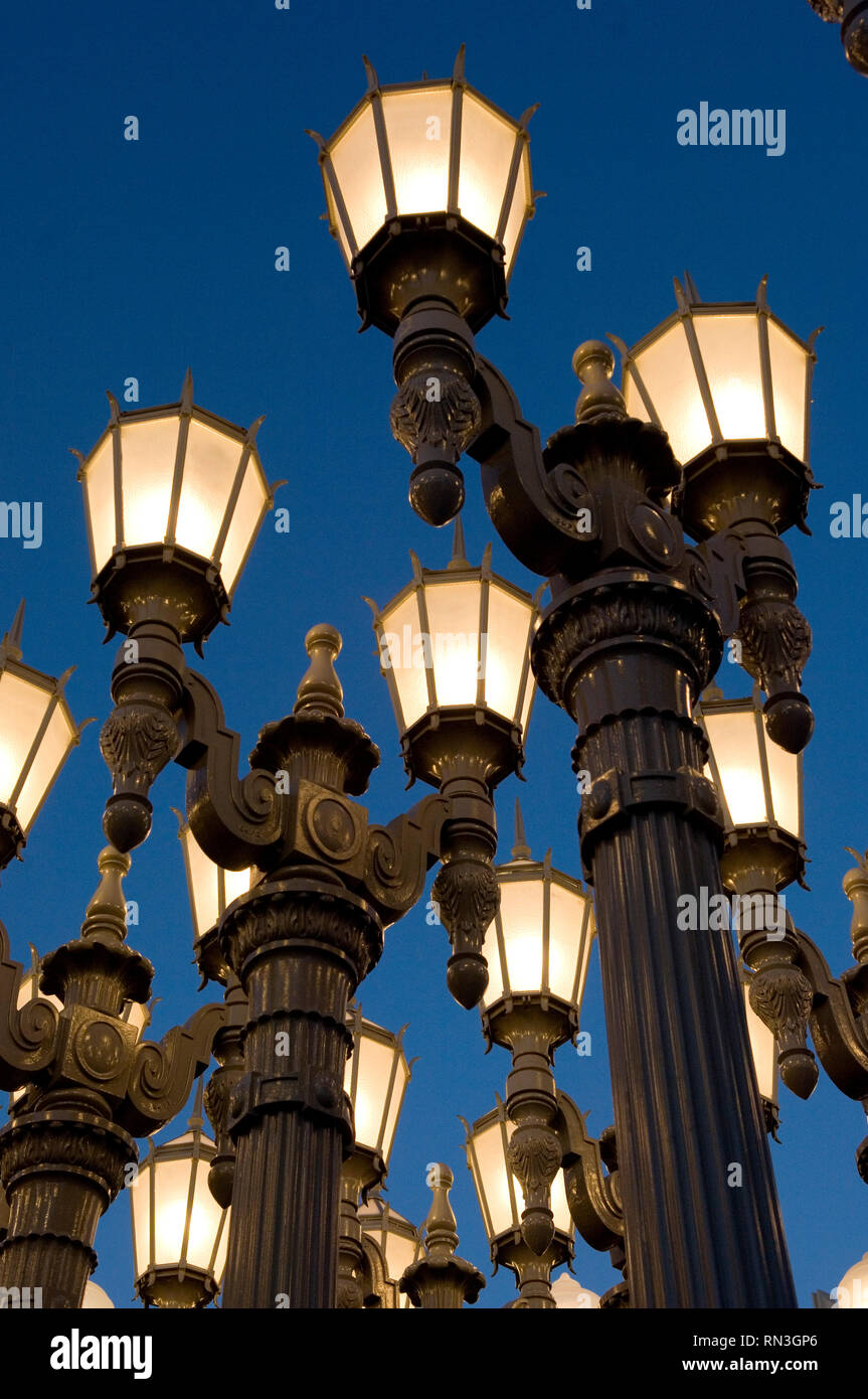 Artist Chris Burden installation Urban Light of old Los Angeles street lamps at the  Broad contemporary Art Museum at LACMA Stock Photo