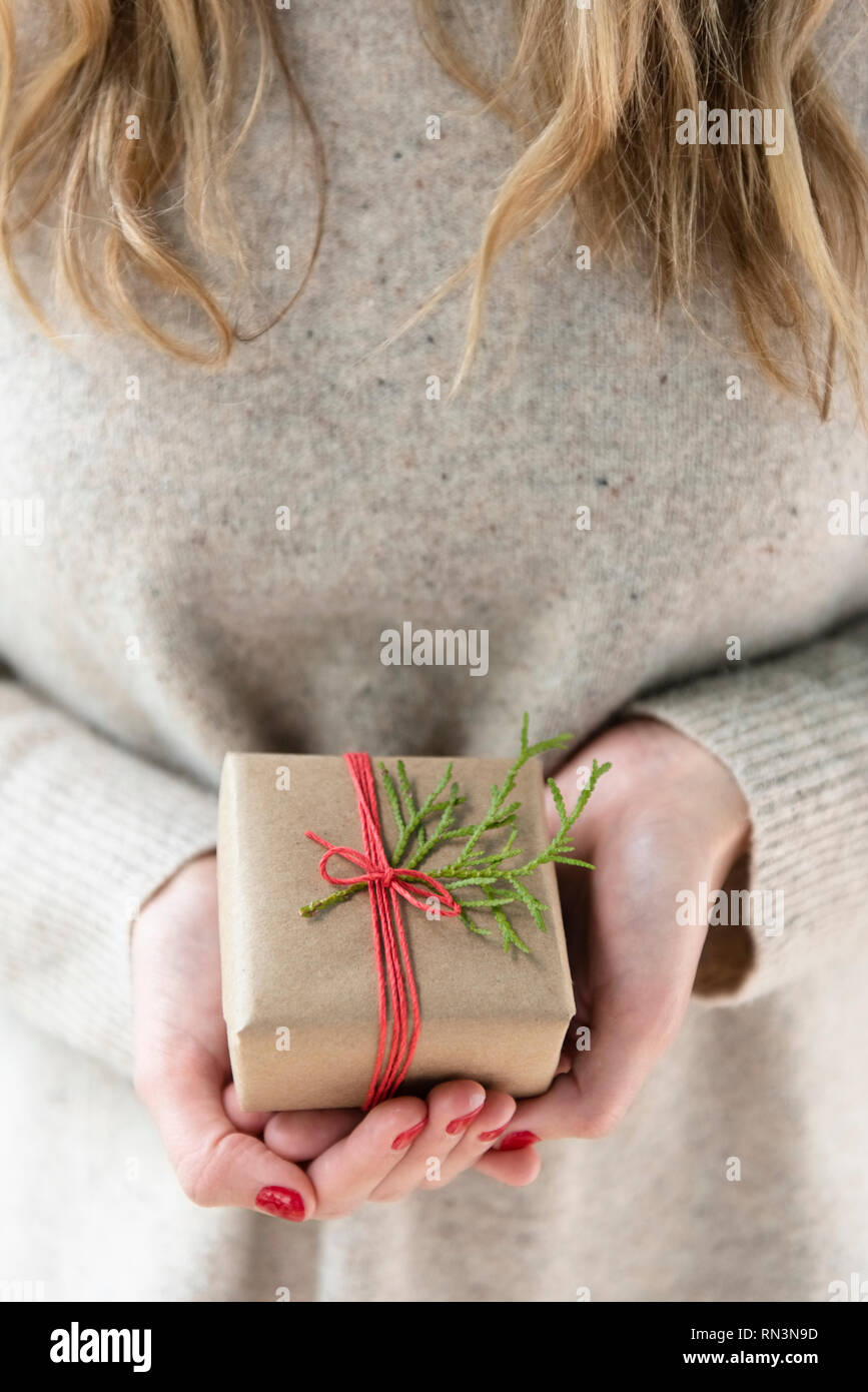 Hands of woman holding Christmas present Stock Photo