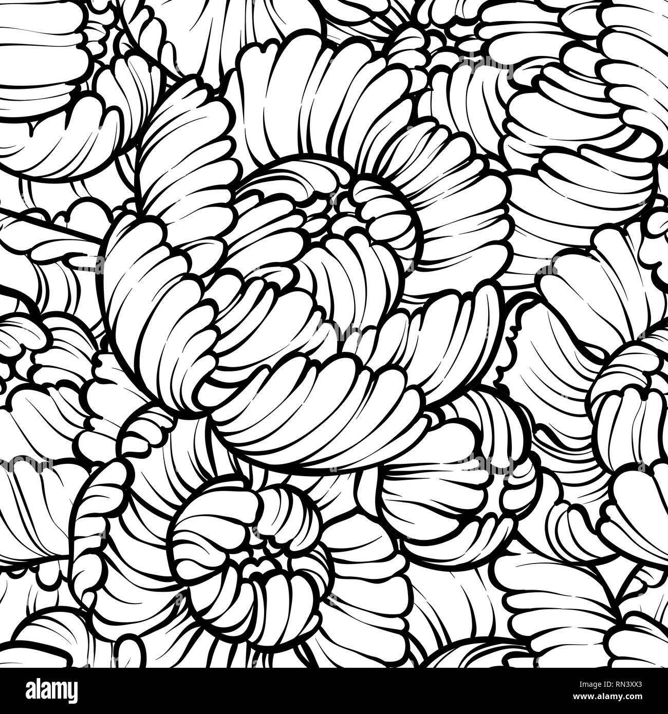 Peony flower seamless pattern line drawing. Vector hand drawn engraved ...