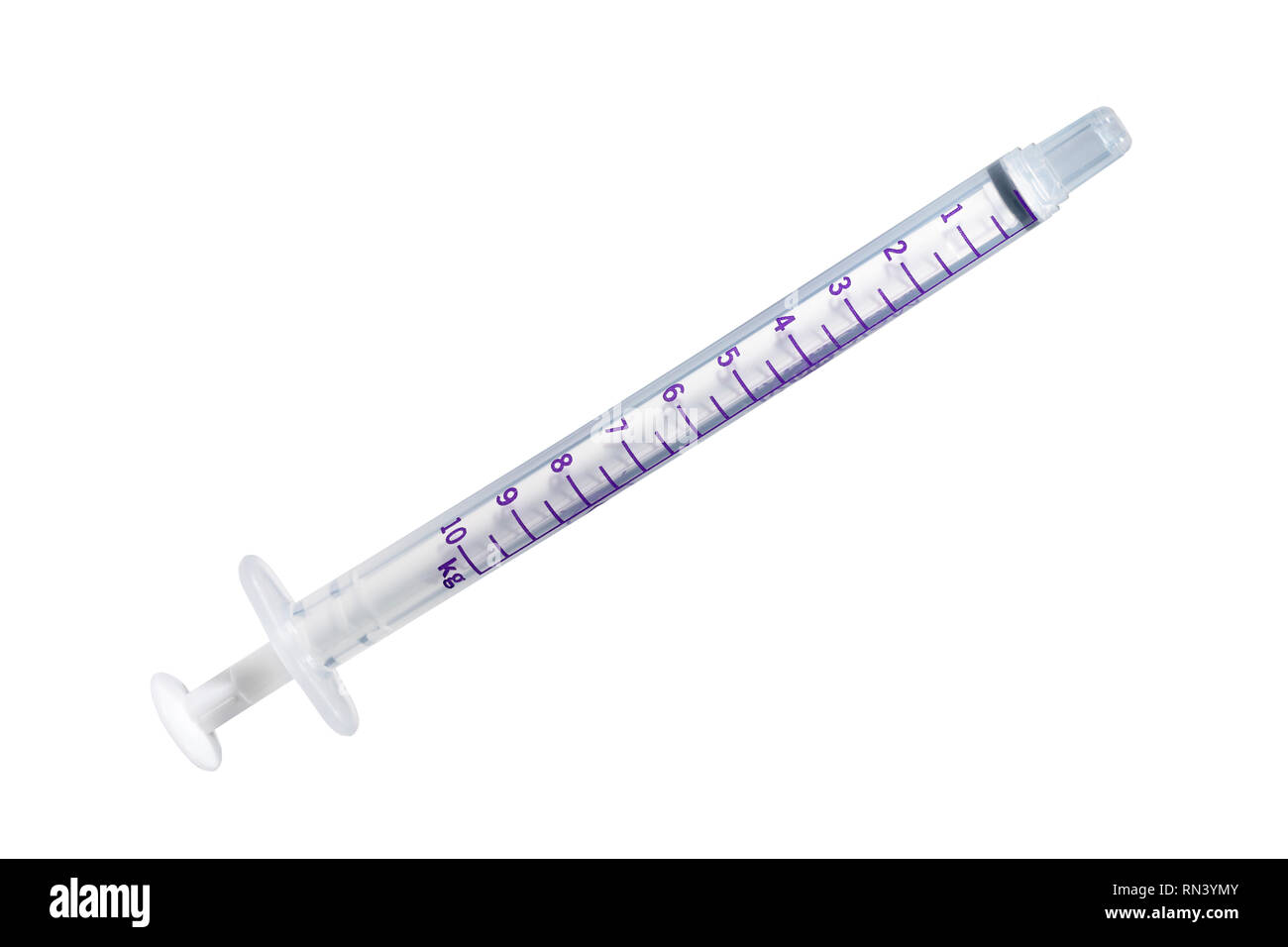 Syringe calibrated dose per kg body weight. Stock Photo