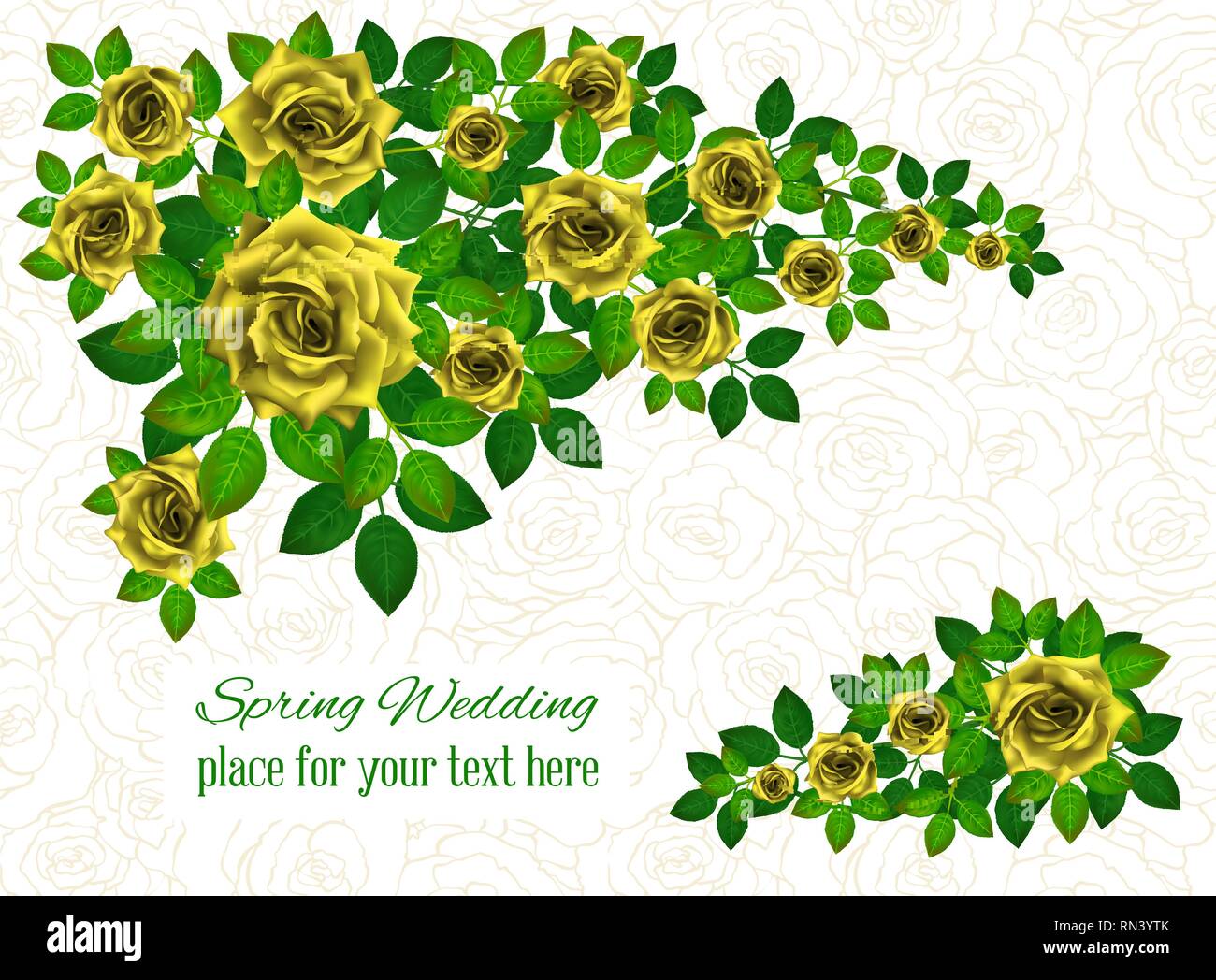 Set of beautiful bouquets with yellow roses and leaves. Floral arrangement for decoration, perfect for wedding invitation, birthday, Valentines Day, m Stock Vector