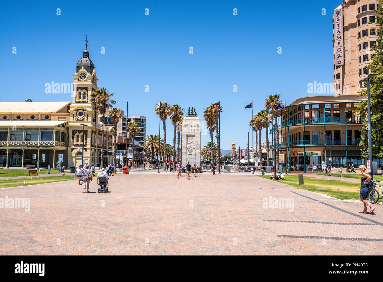 31st December 2018 , Glenelg Adelaide South Australia : Glenelg Moseley square view from the jetty with the Pioneer Memorial monument in the middle in Stock Photo
