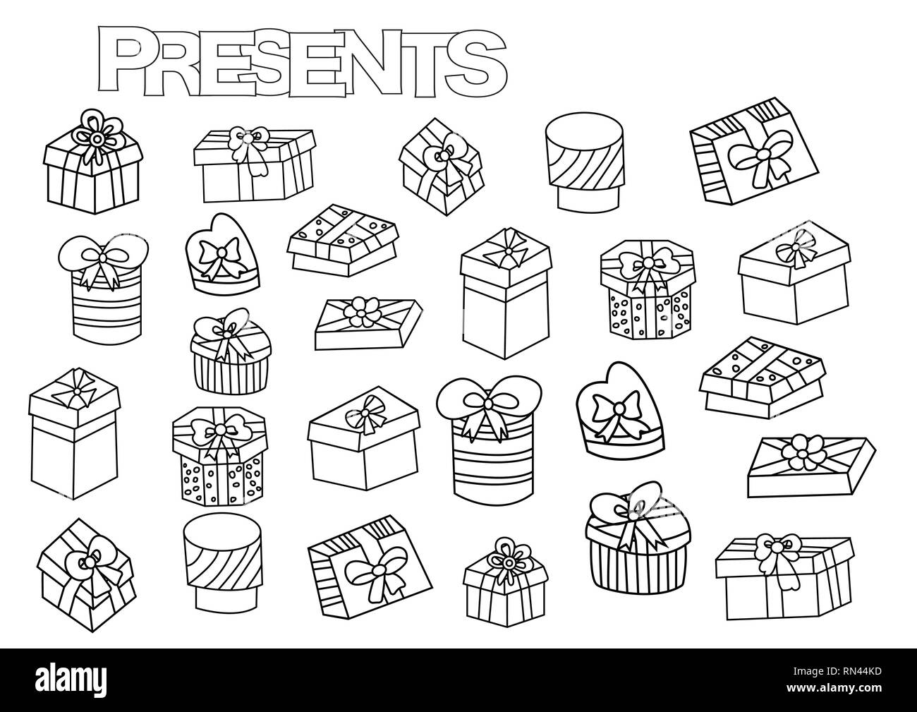 Hand drawn gift boxes set. Coloring book page template with presents. Stock Vector