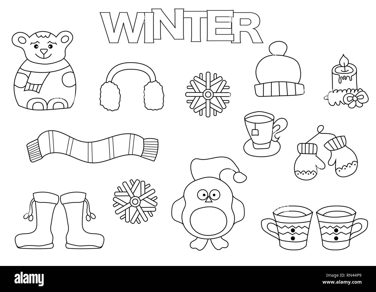 Hand drawn winter set. Coloring book template. Outline doodle elements ...