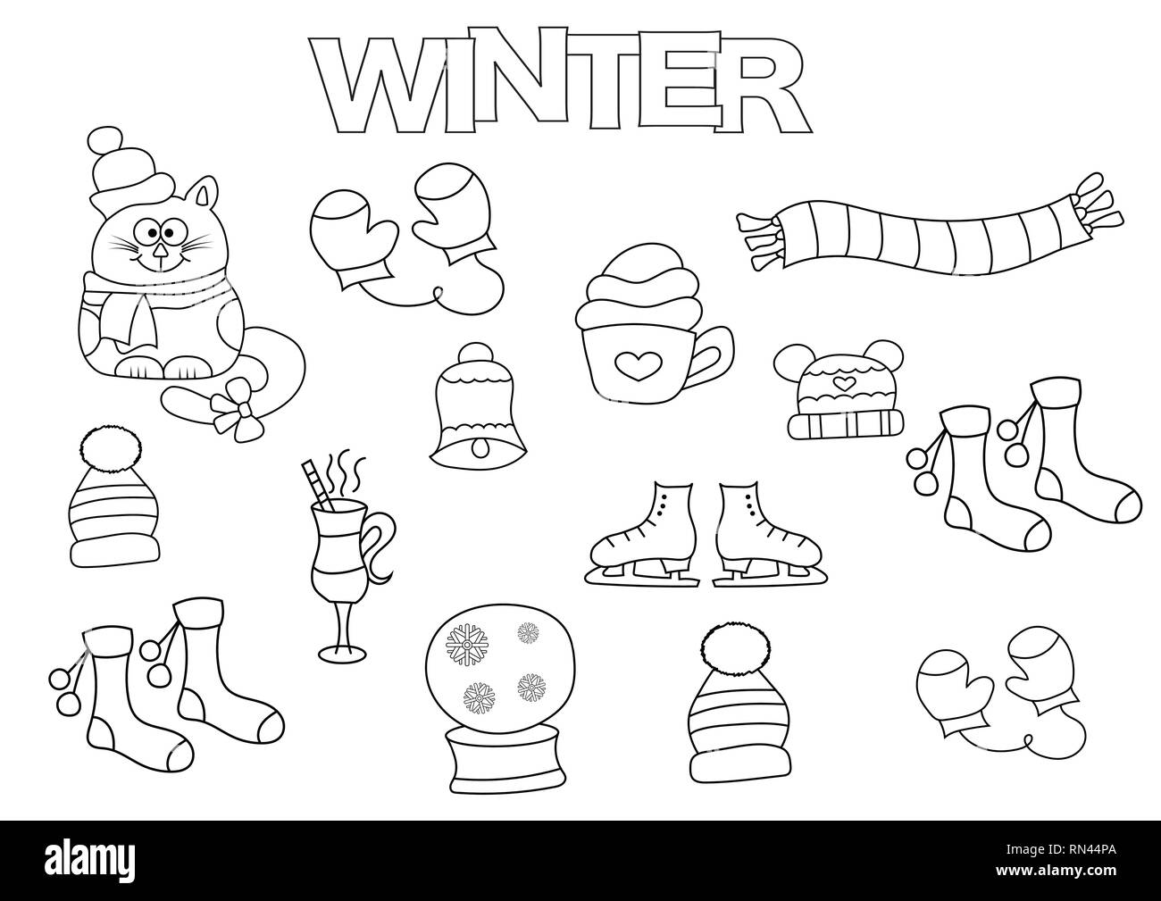 Hand drawn winter set. Coloring book template. Outline doodle elements