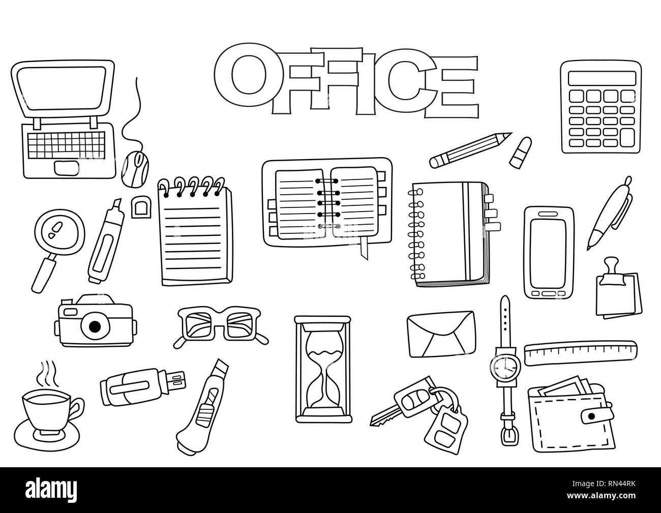 Hand drawn office set. Coloring book template.  Outline doodle elements vector illustration. Kids game page. Stock Vector