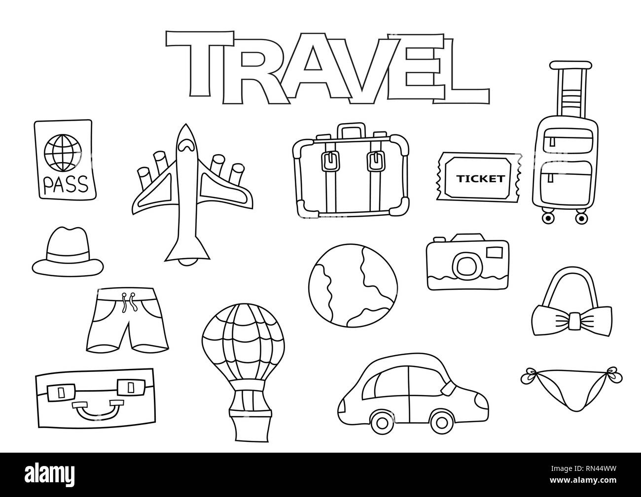 Travel elements hand drawn set. Coloring book template.  Outline doodle elements vector illustration. Kids game page. Stock Vector