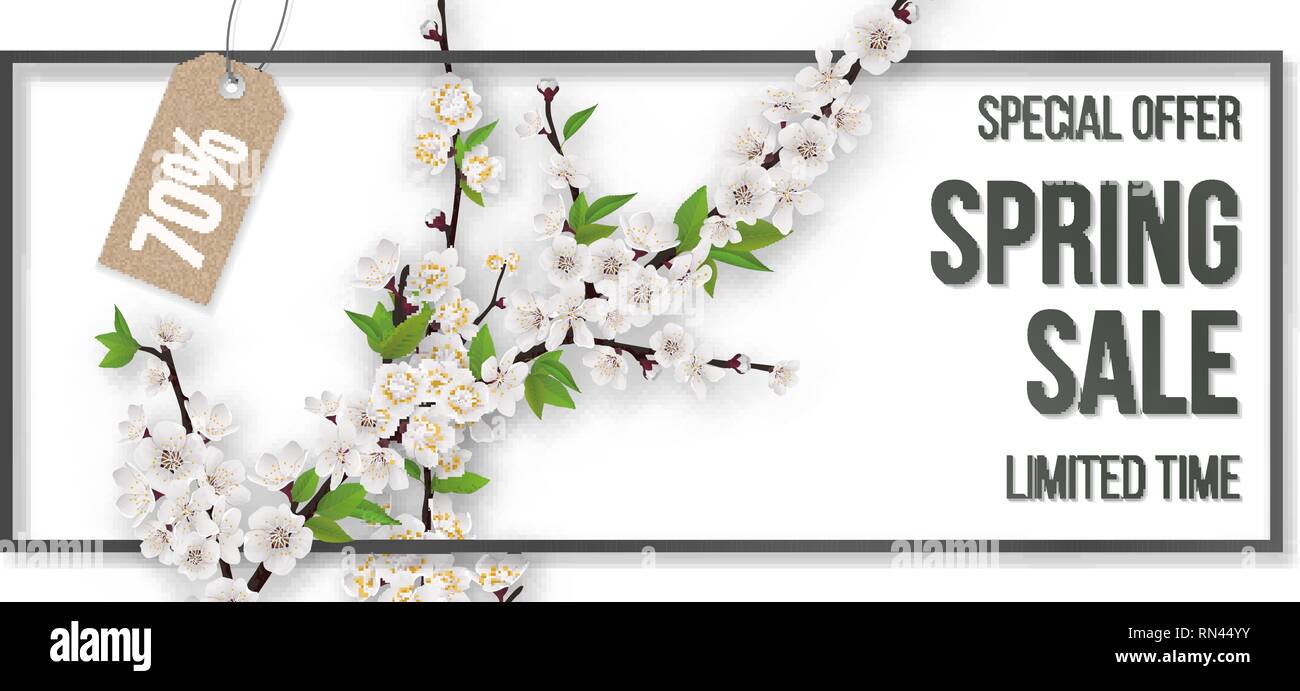 Spring sale frame blooming branches on white background. Stock Vector