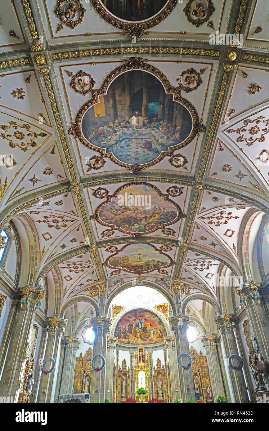 Iglesia de San Juan Bautista, Franciscan Catholic Church in Mexican Baroque style known for its ceiling frescoes especially of Last Supper, at Coyoaca Stock Photo