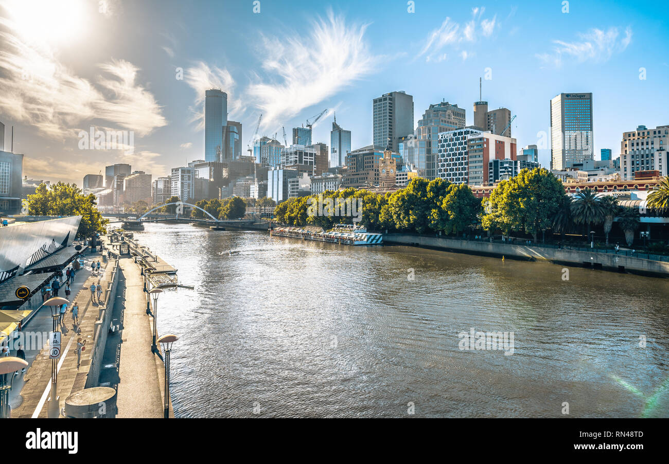 2nd January 2019, Melbourne Australia : Yarra river view in central Melbourne with riverbank promenade and Melbourne CBD skyline in Victoria Australia Stock Photo